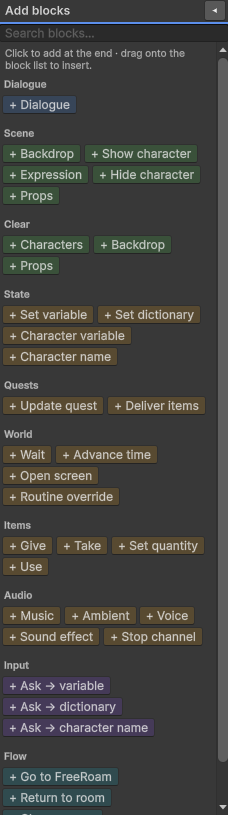 The Add blocks palette with every category expanded