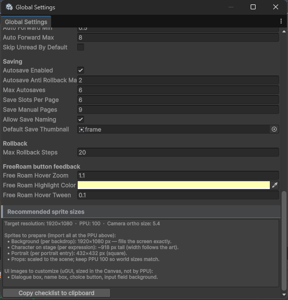 The autosave and slot settings in Global Settings