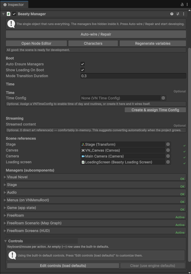 The BeastyManager inspector, with the managers and configs it owns