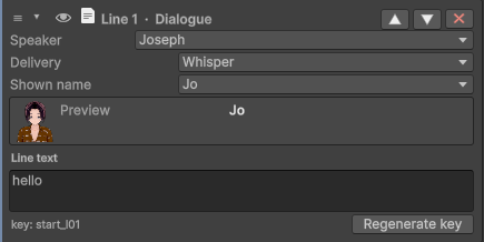 A Dialogue block: speaker, text, delivery state and alias
