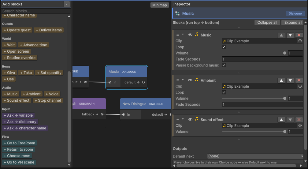 A Music block with its clip, fade and loop settings