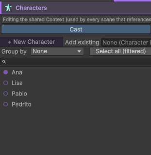 The cast list in game, one row per character met
