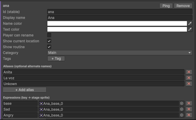 The identity block of a character: id, display name, colours, category and tags