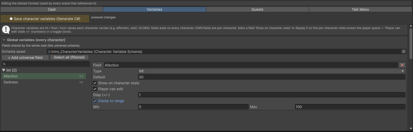 The Variables sub-tab: universal schema fields and this character's own
