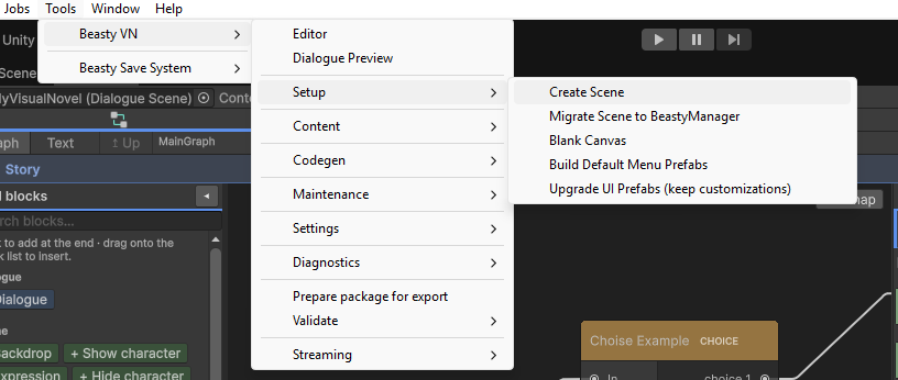 The Setup menu with Create Scene in it