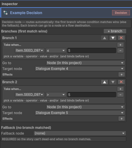 A Decision node: branches decided by the game, not the player