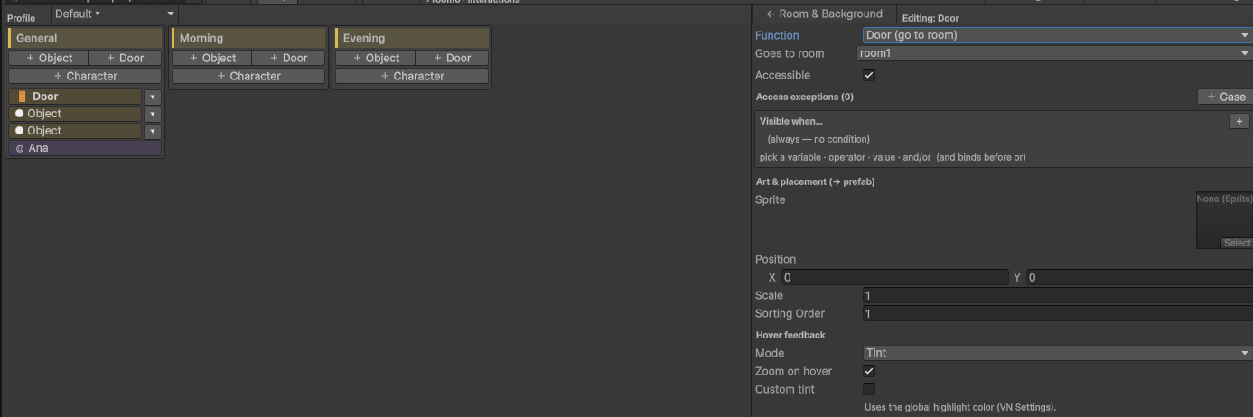 A door: destination room, passage id, accessible flag and blocked dialogue