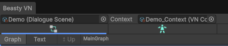 The top bar of the Beasty VN window: DialogueScene, Context, Characters, Validate and Global Settings