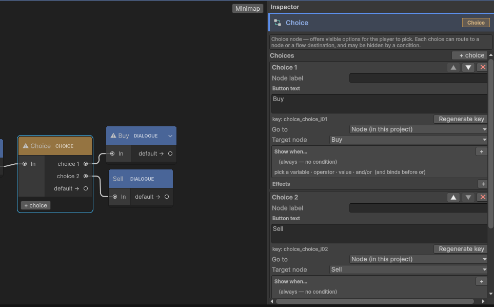 The effects editor attached to a choice option