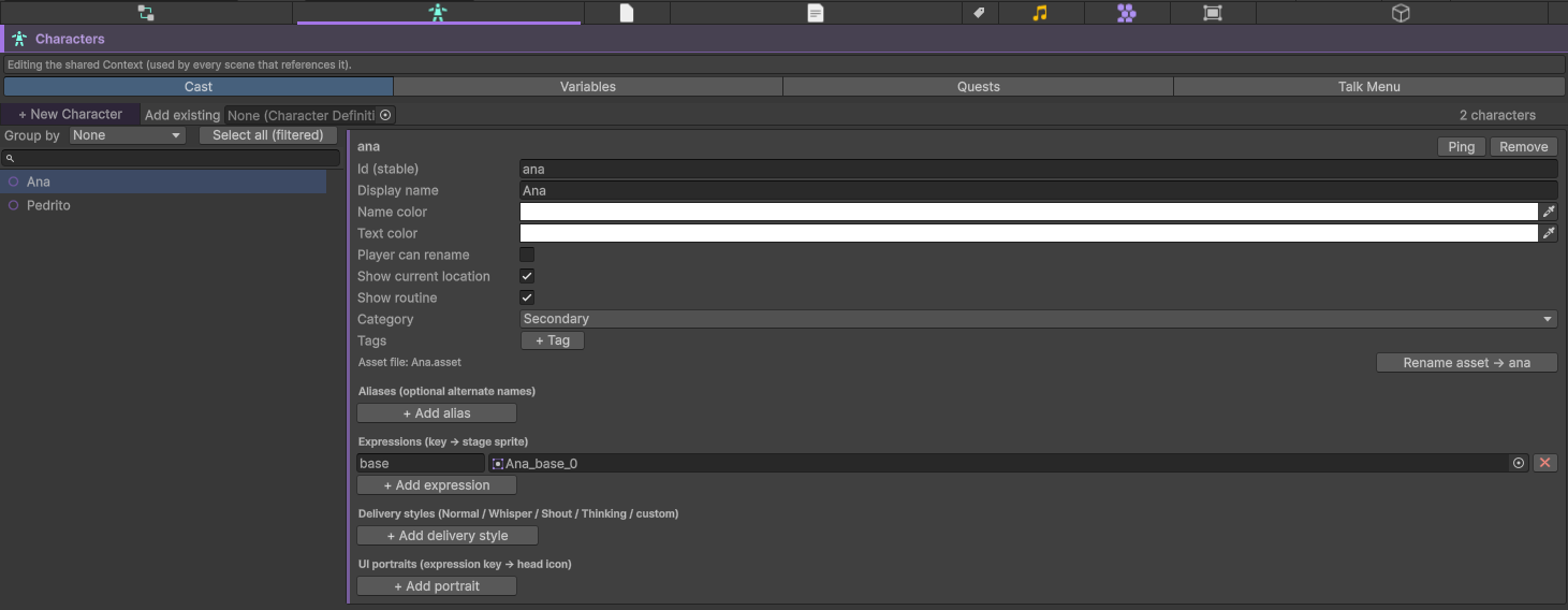 A brand-new character in the Cast sub-tab, with an id and a base expression