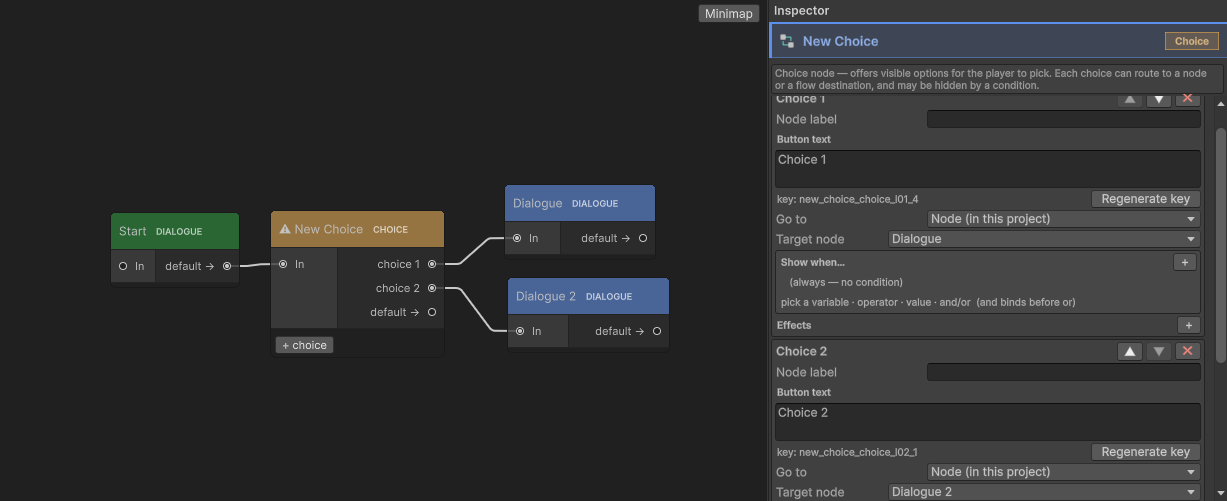 The first Choice node with two options, wired to two dialogue nodes