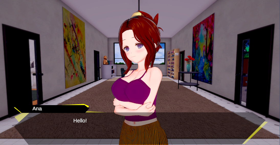 The first scene running: backdrop, character, name plate and dialogue box