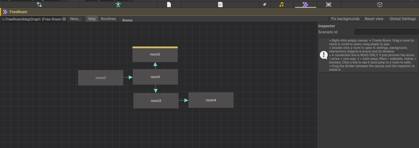 The FreeRoam map: rooms as boxes, doors as lines, the entry room marked