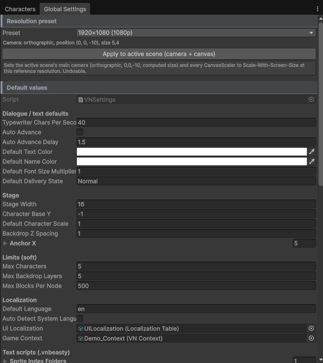 The Global Settings window: the project-wide VN settings