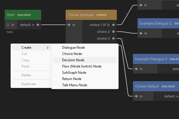 The right-click Create menu on the graph canvas, listing the node types