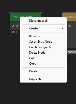 The node context menu: Rename, Set as Entry Node, Create Subgraph, Copy, Cut, Paste, Duplicate, Delete Node