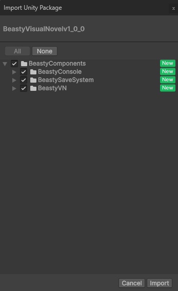 The Import Unity Package dialog with the Beasty VN contents ticked