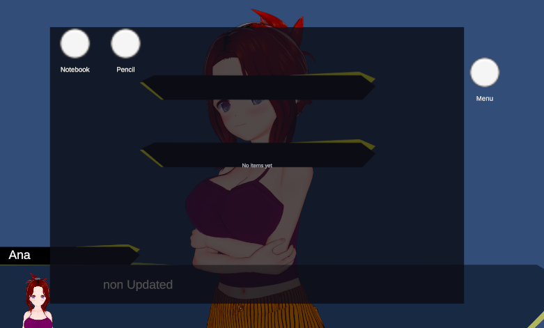 The inventory screen in game: the grid of held items and the detail popup
