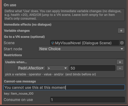 The on-use section of an item: condition, effects, jump-to scene and consume amount