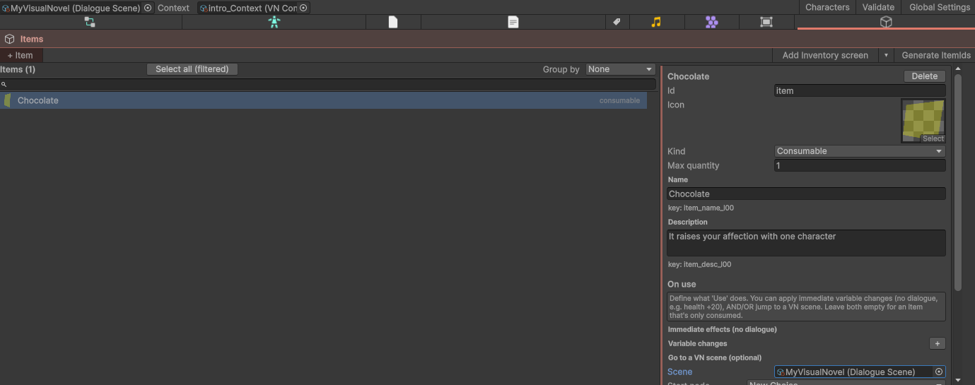 An item definition: id, icon, kind, max quantity and its text keys