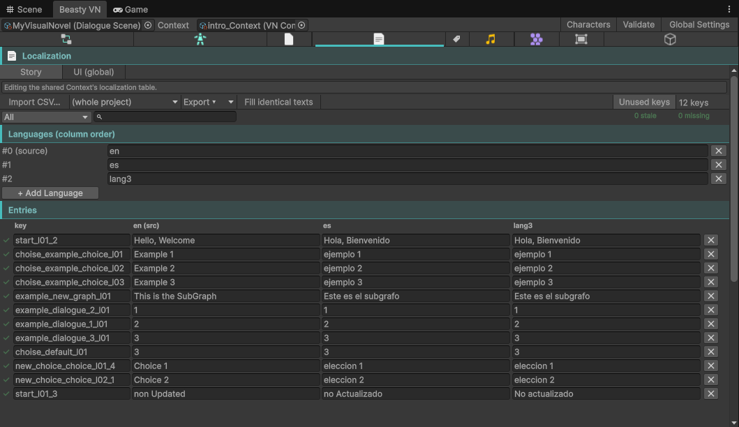The localization grid and its toolbar: keys down, languages across