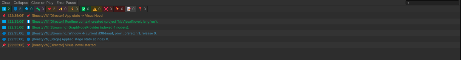 VN logs in the console, one per category