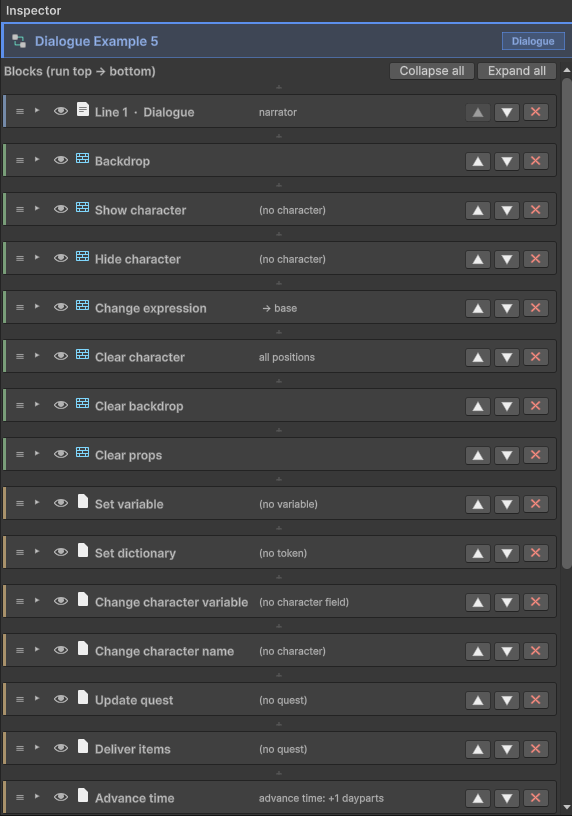 A Dialogue node's inspector, with its block list