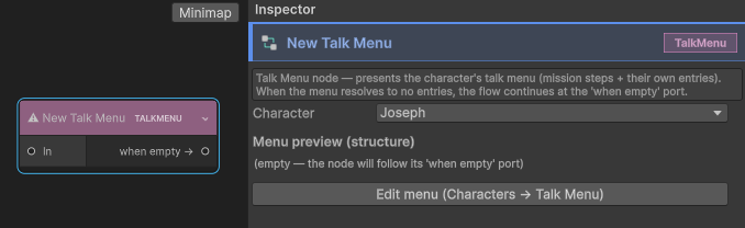 A Talk Menu node in the graph