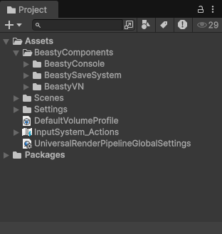 The BeastyComponents folder in the Project window, with BeastyVN and BeastySaveSystem inside