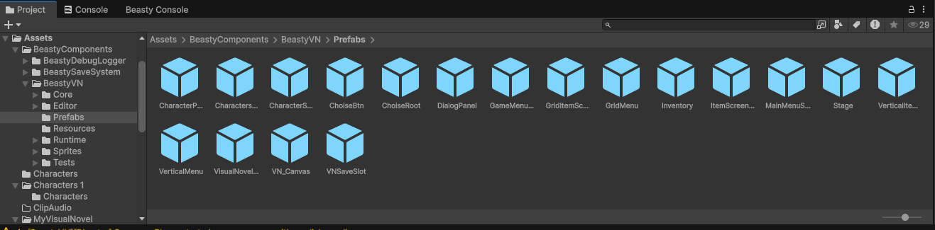 The package's prefabs in the Project window