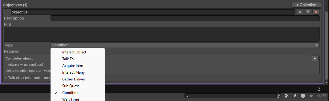 An objective, with its type dropdown open showing the eight types