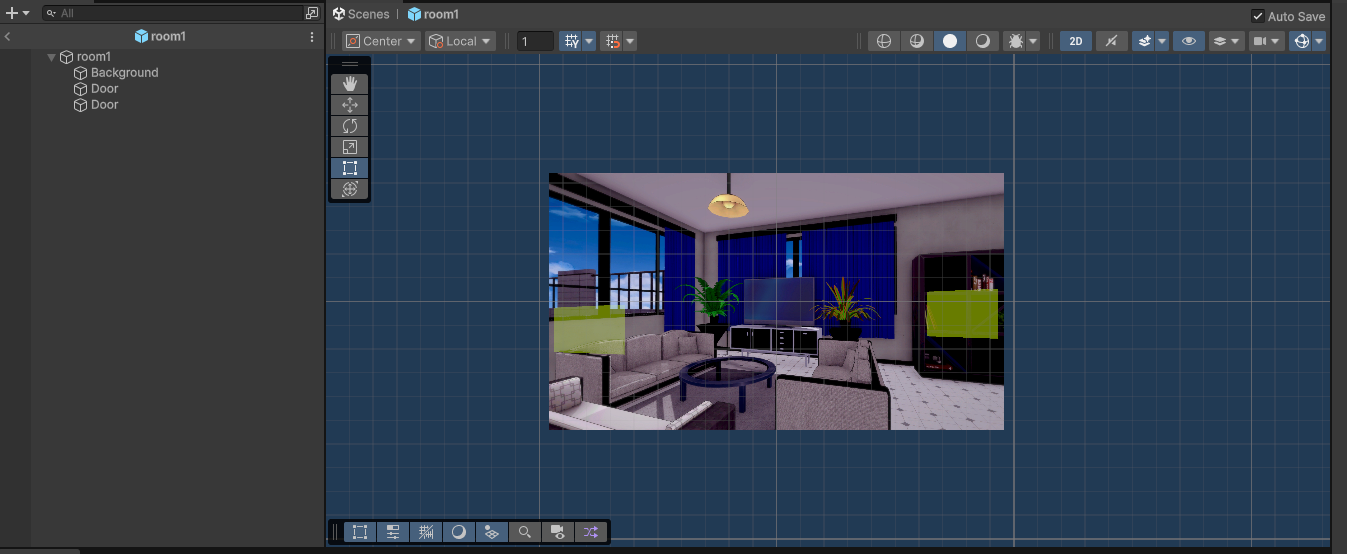 A room prefab open, with FreeRoamRoom, its background and its interactables