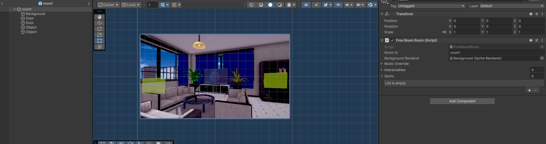 Character spots placed in a room prefab