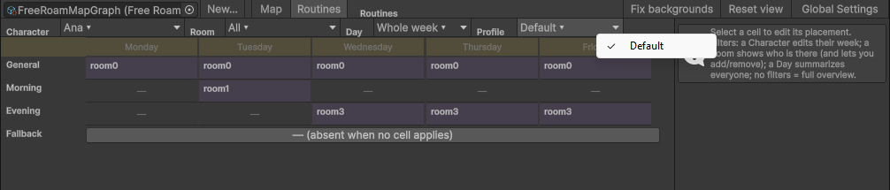 A character's routine profiles, with the default one named