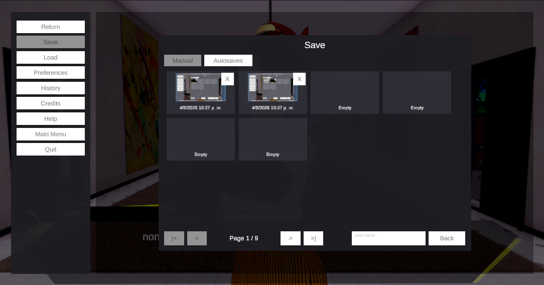 The save/load screen: slots with thumbnails and their metadata