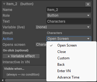 A button item with its action dropdown open