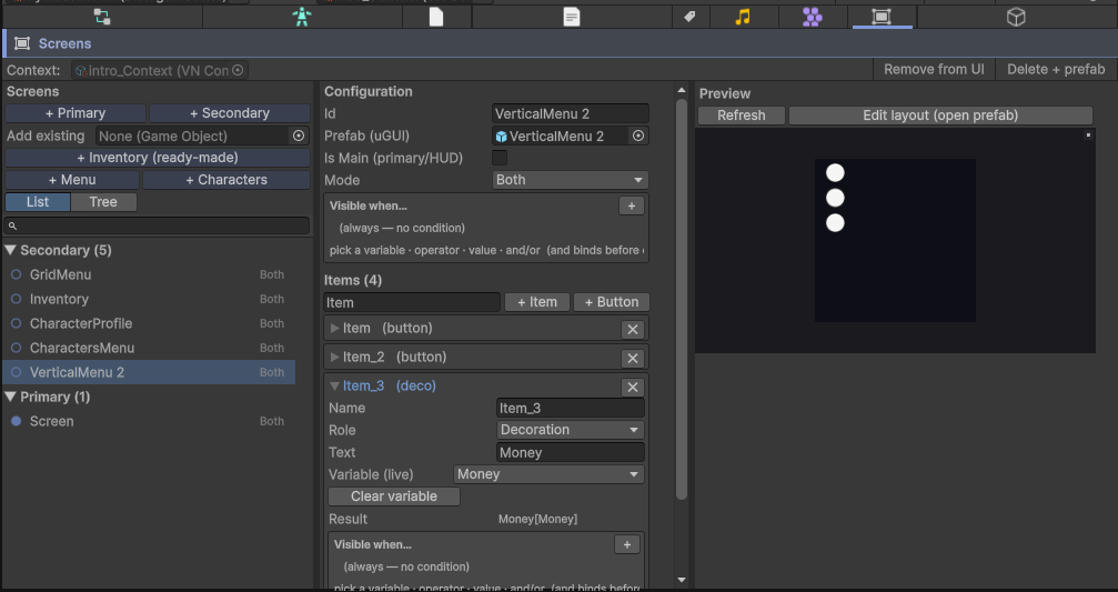 A screen item: text, live variable, visibility condition and conditional variants