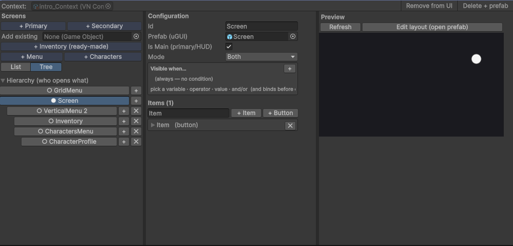 The screen preview beside its settings, with the hierarchy foldout