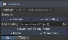 The + Inventory (ready-made) button in the Screens tab