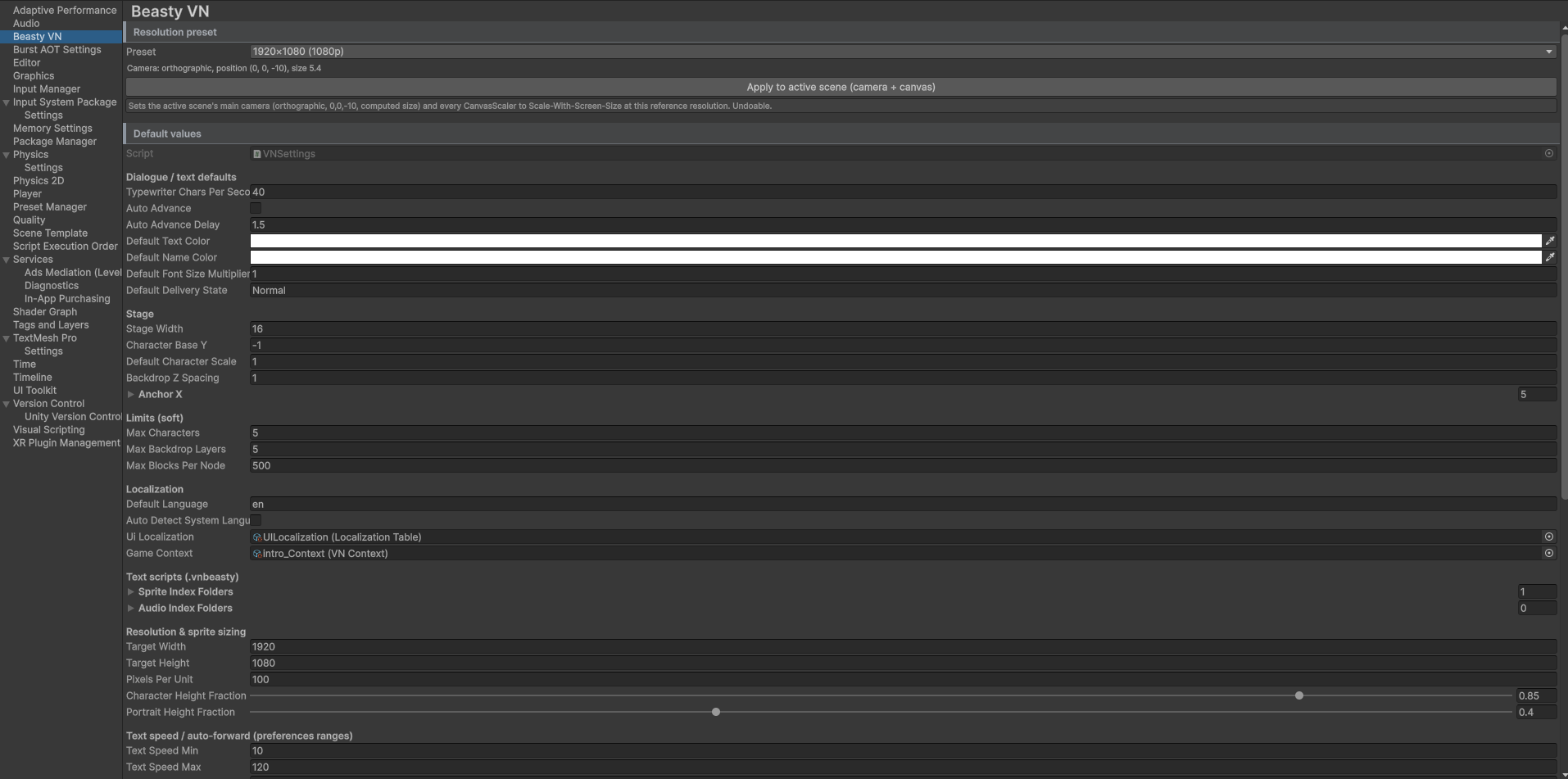 The VN Settings asset, top to bottom