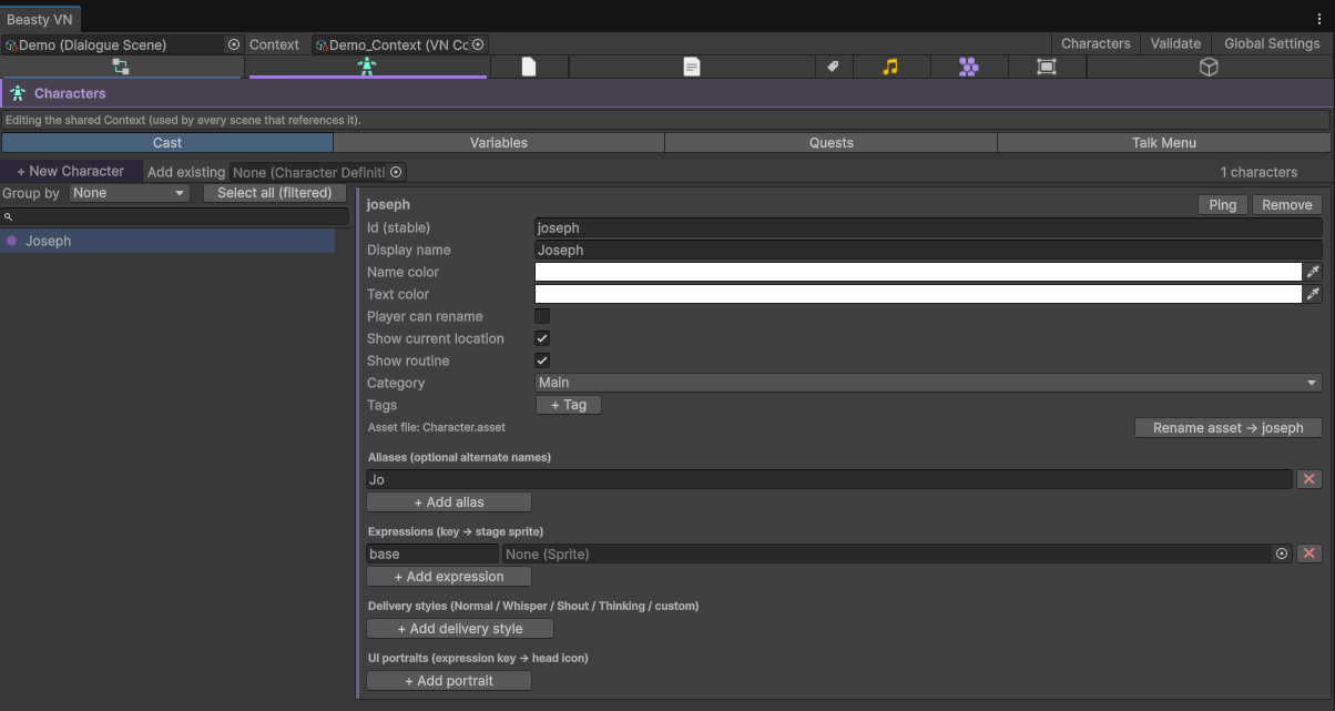 The Characters tab and its four sub-tabs