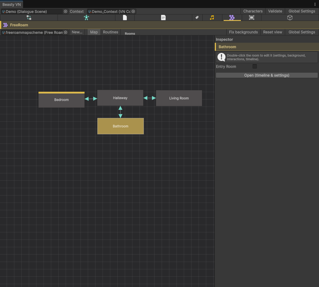 The FreeRoam tab in Map view, with rooms as boxes and doors as lines