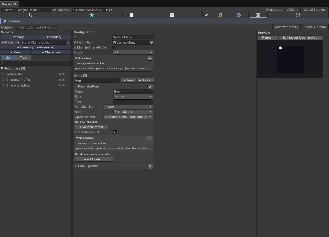 The Screens tab: the screen list, its settings and the prefab preview