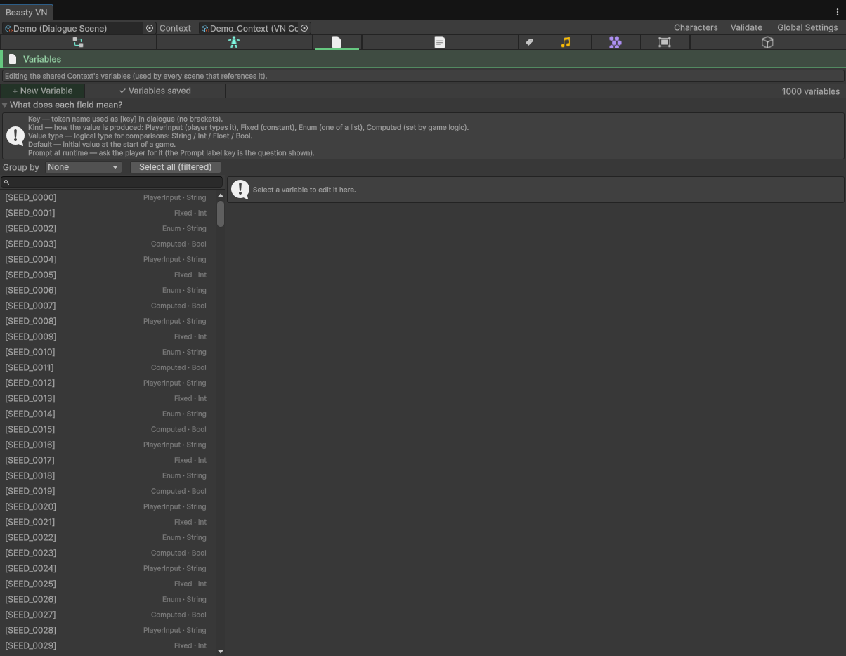The Variables tab: the master-detail list of global variables