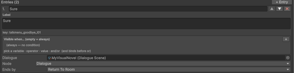 One talk menu entry: label, condition, scene and how it ends