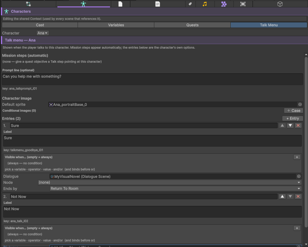 The Talk Menu sub-tab: the prompt and the list of entries