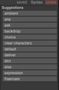 The Suggestions panel offering the node-kind keywords on a header line