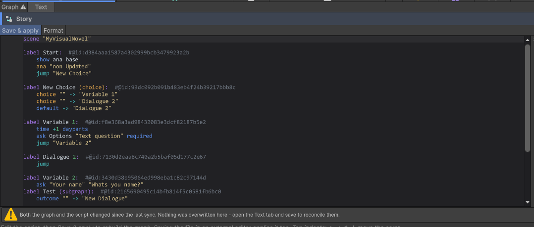 The Text tab toolbar, with the sync buttons and the divergence marker