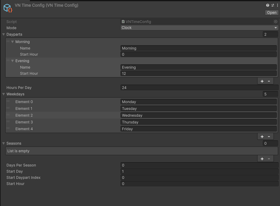 A Time Config asset with dayparts, weekdays and seasons filled in