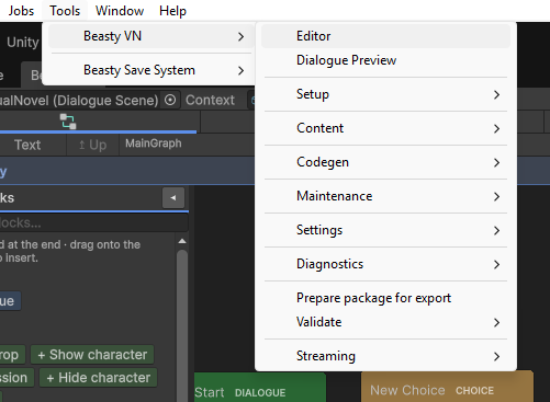 The whole Tools > Beasty VN menu, expanded